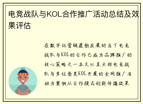 电竞战队与KOL合作推广活动总结及效果评估