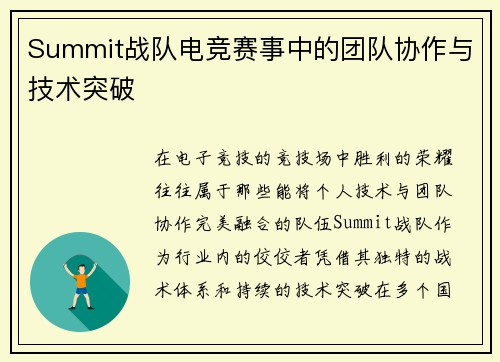 Summit战队电竞赛事中的团队协作与技术突破