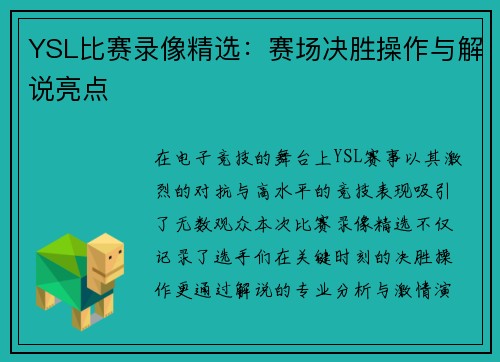 YSL比赛录像精选：赛场决胜操作与解说亮点